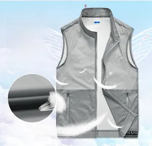 Detail view of lightweight gray outdoor vest featuring stand collar and zipper pocket