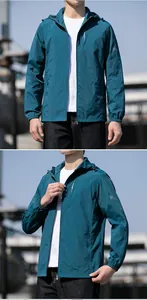 Detail of blue sun protection jacket showing lightweight fabric and hooded design
