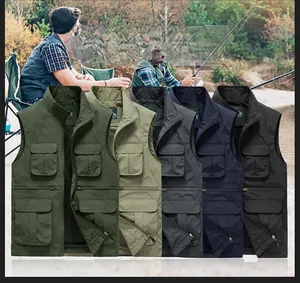 Detailed close-up of quick-dry fishing vest showing five color options and utility pockets