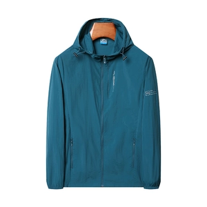 Men's lightweight ice silk sun protection jacket with hood in dark teal blue color
