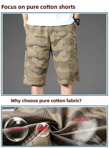 Detail of pure cotton camouflage 3/4 shorts showing breathable fabric and side zipper