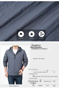 Detailed fabric texture and standard fit of this grey hooded sun protection jacket for men