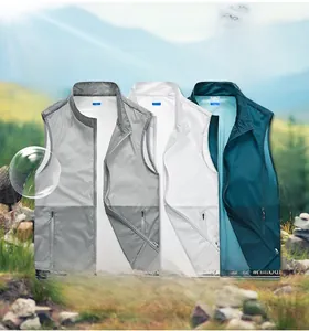 Detailed close-up of quick-dry outdoor vests in grey, white, and teal with stand collar