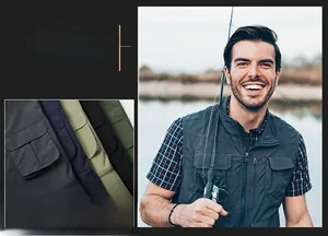 Detail of dark blue multi-pocket utility fishing vest with zipper and flap closures