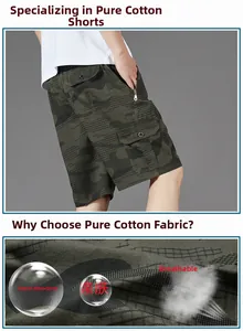 Detail of breathable cotton camo cargo shorts featuring large flap pockets and metal zippers