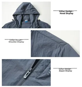 Detail view of hooded collar, shoulder stitching, and zip closure on sun protection jacket