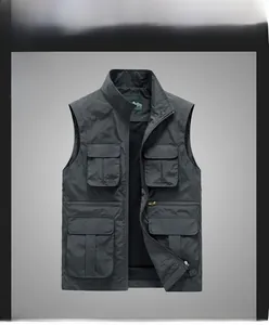 Detail shot of multi-pocket fishing vest in dark gray with durable zipper and stand collar