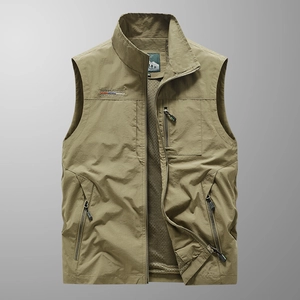 Men's outdoor quick-dry multi-pocket vest with stand collar and breathable mesh lining