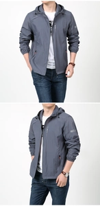 Detailed views of men's lightweight grey hooded sun protection jacket with red pocket zip