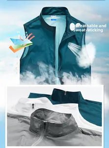 Detail of lightweight breathable outdoor vests with laser-cut holes and stand collar