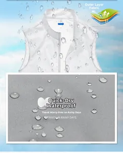 Macro detail of waterproof tech fabric and structure on men's white outdoor vest
