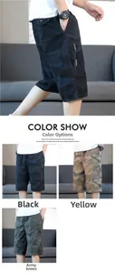 Detailed color show of camouflage cargo shorts featuring zip pockets in black, yellow, and green