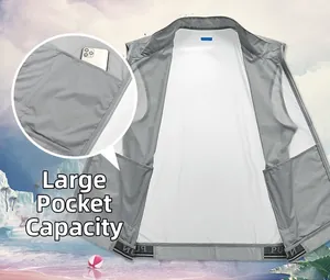 Detail of grey outdoor vest featuring large capacity side pockets and breathable mesh lining