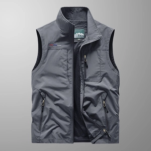 Men's outdoor quick-dry vest in dark grey featuring multi-pockets and stand collar