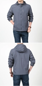 Front and back view of men's gray hooded sun protection jacket with zip pockets