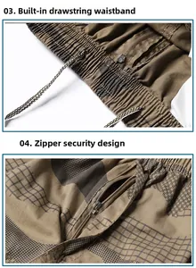 Detail of cargo shorts featuring elastic waistband with drawstring and metal zipper fly