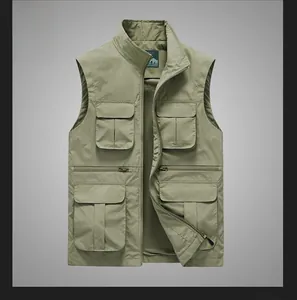Detail of khaki outdoor fishing vest showing multi-pockets and breathable mesh lining