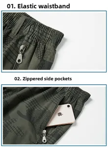 Detail of elastic waistband and large zipper pockets on olive camouflage shorts