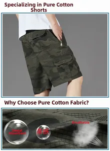 Detail of loose camouflage cotton cargo shorts showing fabric texture and pockets