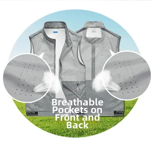 Detailed view of breathable micro-holes and mesh texture on a gray outdoor sports vest