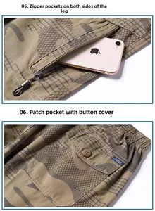 Detail of khaki camouflage cargo shorts featuring a functional side zipper and back button pocket