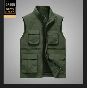Detail of military green cargo vest showing utility pockets and breathable mesh lining