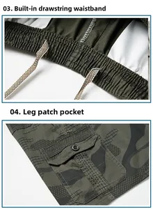 Detail of men's cargo shorts featuring elastic waistband with drawstring and side flap pocket