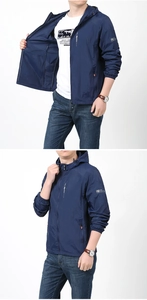 Detail of navy blue hooded sun protection jacket featuring zipper and elastic cuffs