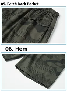 Detail of cargo camouflage shorts featuring rear patch pocket and hem stitching