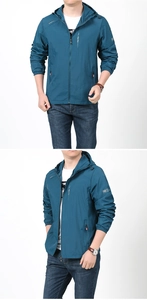 Detail of teal outdoor sun protection jacket featuring elastic cuffs and drawstring hood