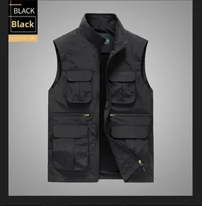 Detail of black multi-pocket outdoor utility vest featuring durable zip-up standing collar