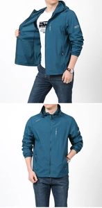 Detail of dark teal outdoor jacket showing zipper, elastic cuffs and hidden side pockets