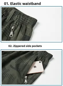 Detail of elastic waist and secure metal zipper pockets on camouflage cargo shorts