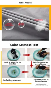 Detail showing breathable grey cotton fabric and anti-fade washing test for men's pants