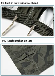 Detail of camo cargo shorts featuring elastic drawstring waist and side flap pockets