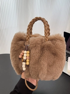 Damen Kunstfell Eimertasche Mit Geflochtenem Griff Holzperlen Anhänger Plüsch Umhängetasche Herbst Winter Lässige Handtasche