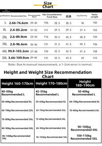 Detailed size chart for men cotton pants with height and weight recommendations