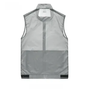 Rear view of light grey men's lightweight outdoor vest with elastic hem and stand collar