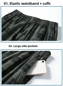 Detail of elastic waistband and large side pockets on green plaid casual shorts