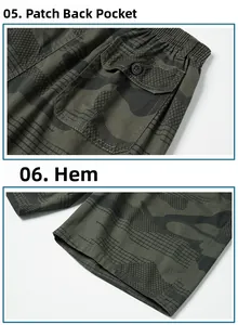 Detail of camouflage cargo shorts featuring buttoned back pockets and reinforced hem stitching