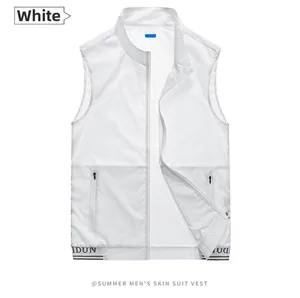 Detail view of white quick-dry fabric and zipper pocket on men's summer skin vest