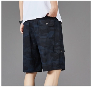 Detail of cargo short back pockets with camouflage pattern and grid texture