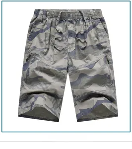 Detail of camouflage shorts featuring elastic waistband, drawstrings, and zipper pockets