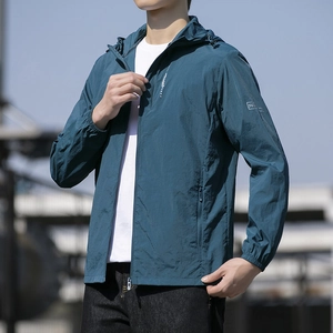 Men's ice silk sun protection hoodie in dark cyan with breathable lightweight fabric