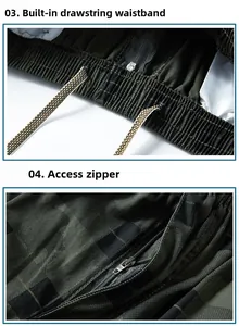 Detail view of elastic waistband with inner drawstring and front zipper on plaid shorts