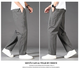 Detail view of dark grey straight-leg cotton cargo pants with side hidden zipper pocket
