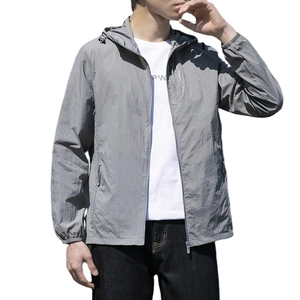Men's ice silk sun protection jacket in light grey with hood and full zipper closure