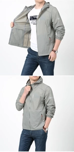 Detail view of gray lightweight hooded sun protection jacket with zip pockets and elastic cuffs