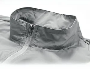Detailed view of gray stand collar zipper with premium ripstop nylon fabric and fine stitching