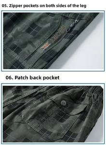 Detail of plaid cargo shorts featuring side zipper pocket and buttoned back pocket